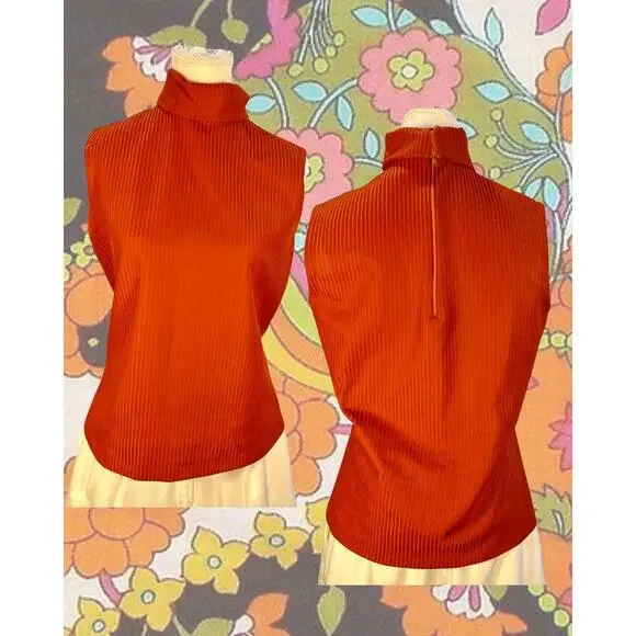 Volup Vintage 60s Bittersweet Rust Turtleneck Stretchy Sleeveless Top Size XL - Picture 2 of 3